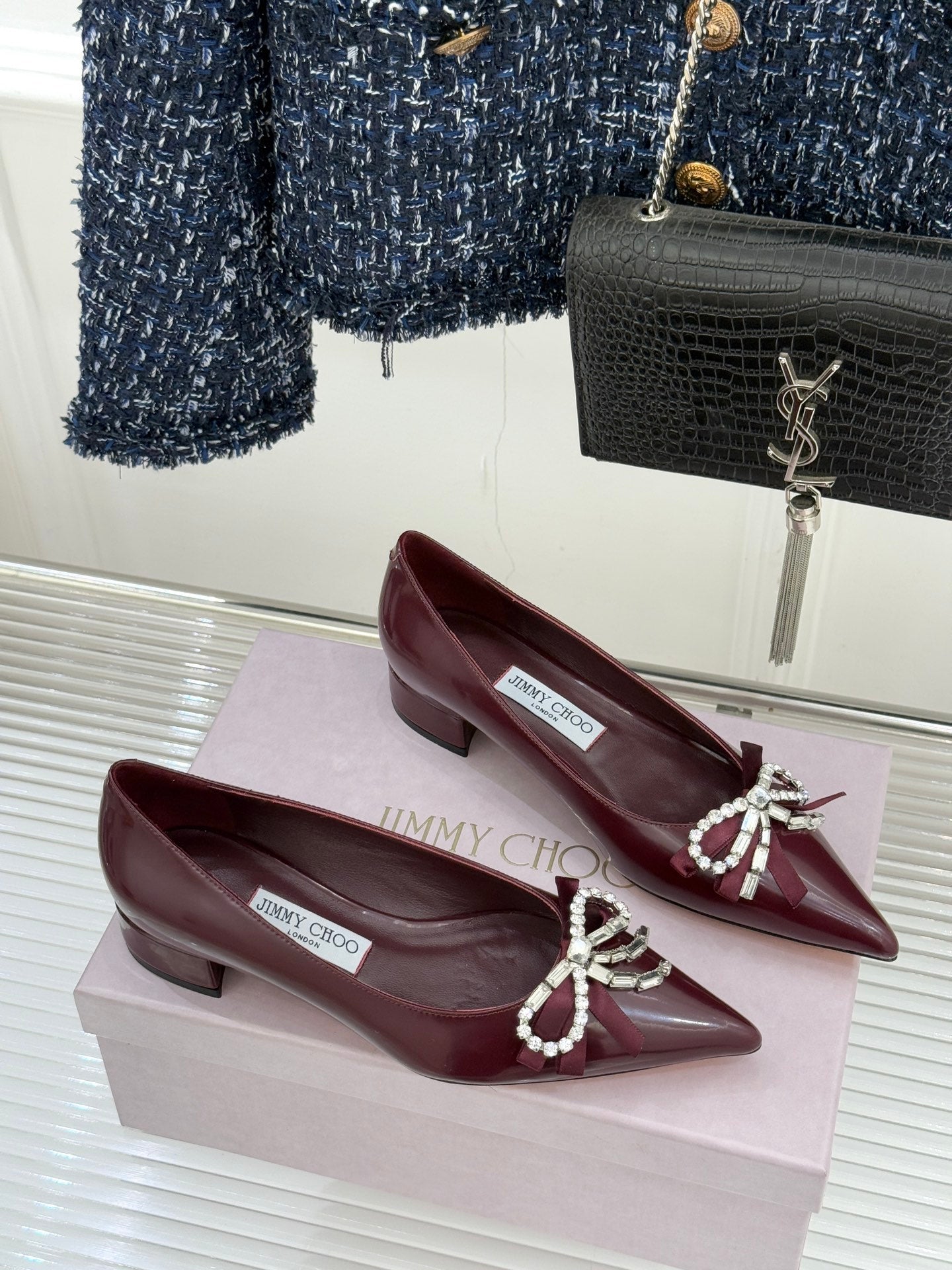 Jimmy Choo 26WF Pointed Toe Rhinestone Bow Chunky Heel Burgundy Sheepskin 573541