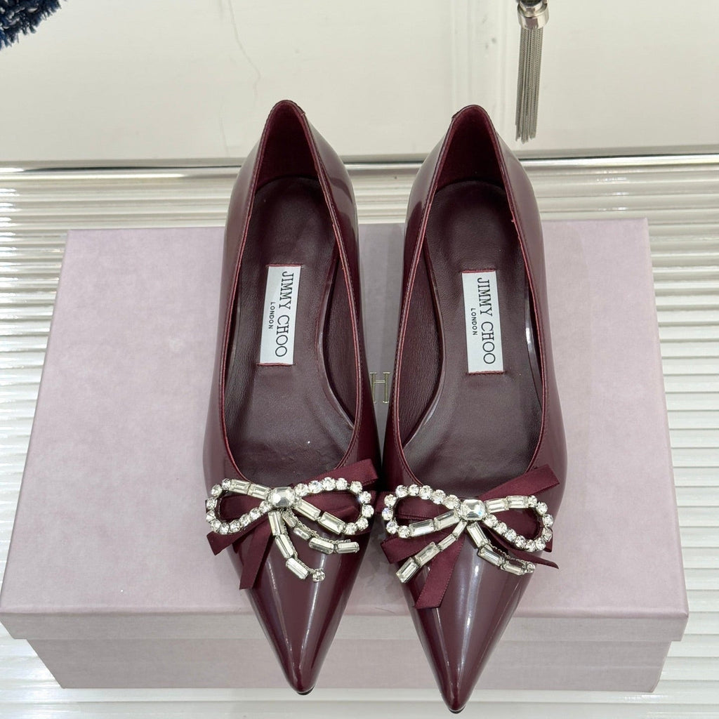 Jimmy Choo 26WF Pointed Toe Rhinestone Bow Chunky Heel Burgundy Sheepskin 573541
