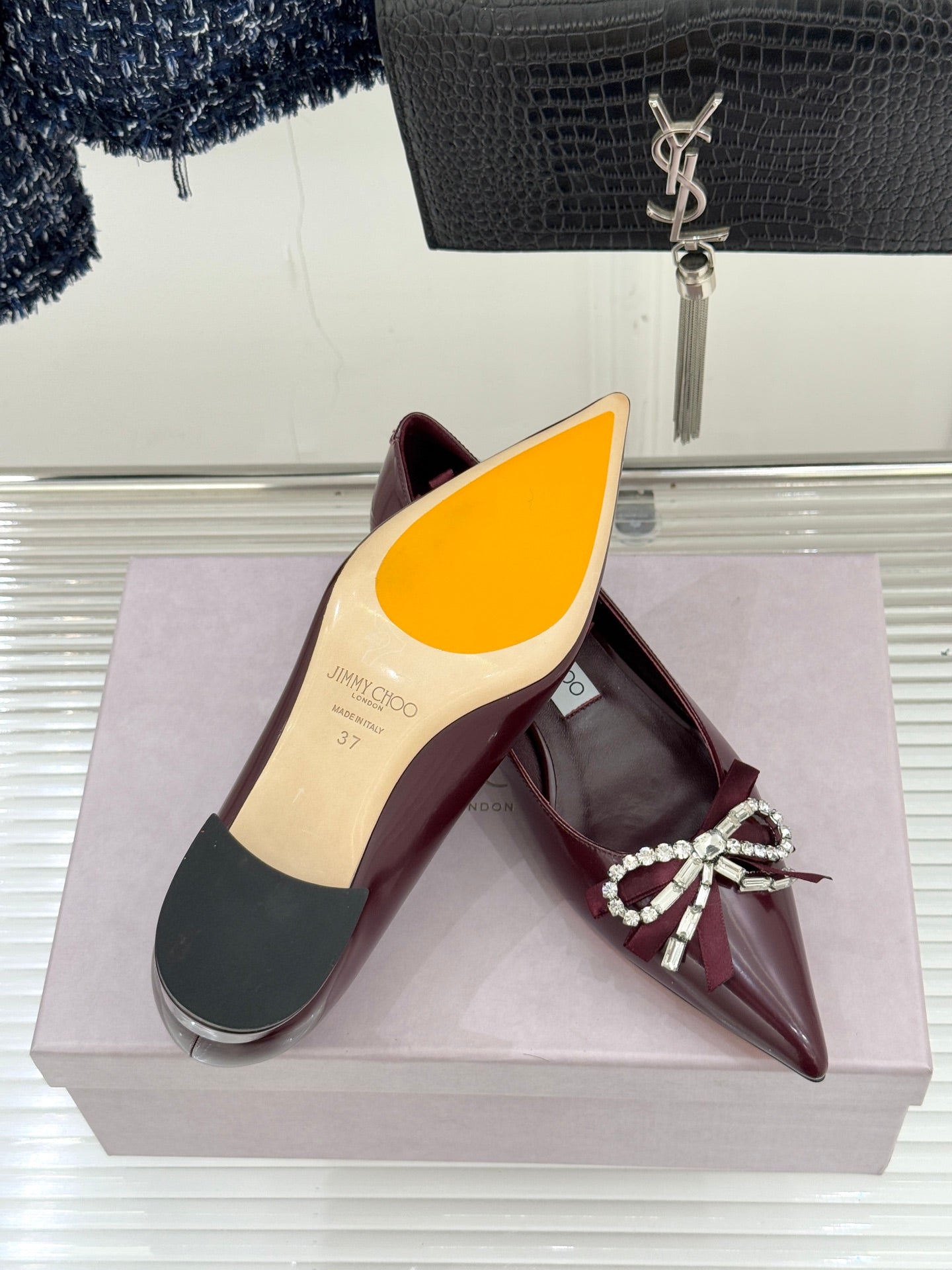 Jimmy Choo 26WF Pointed Toe Rhinestone Bow Chunky Heel Burgundy Sheepskin 573541