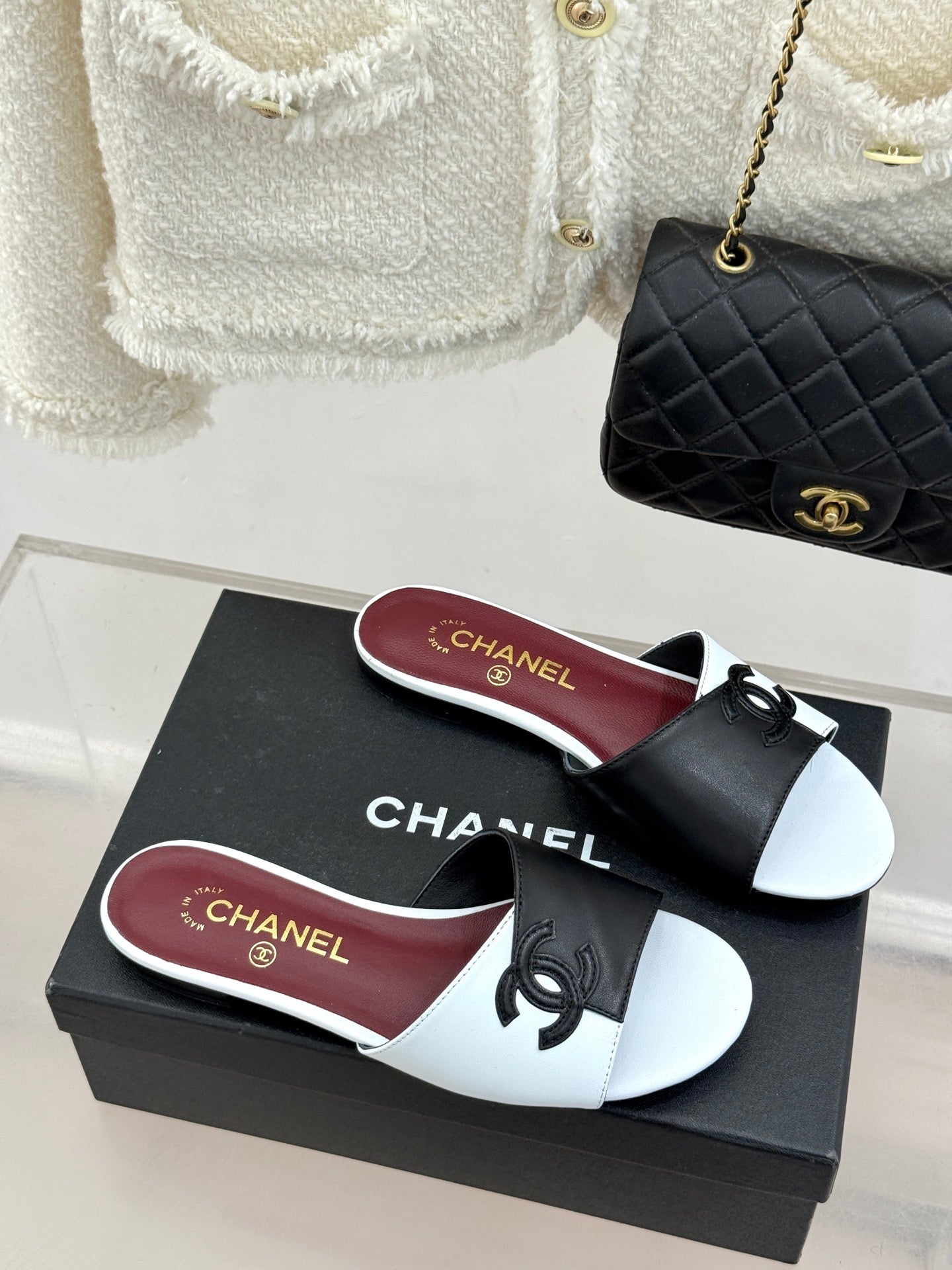 CC 26S Double C Patchwork Sandal White Black in Cowhide 706371