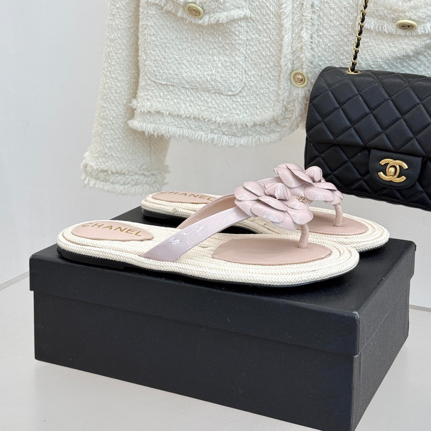 Chanel 26C Camellia Rope-Soled Flip-Flops Light Pink in Sheepskin 717714