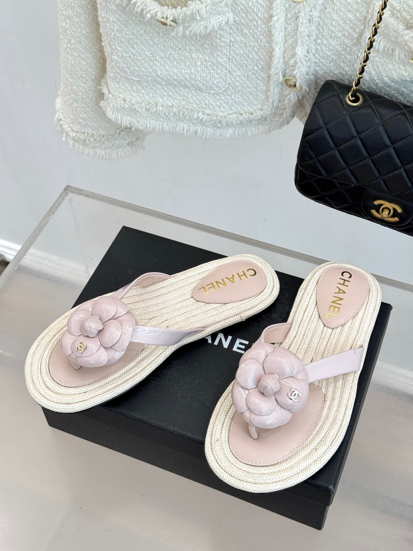 Chanel 26C Camellia Rope-Soled Flip-Flops Light Pink in Sheepskin 717714