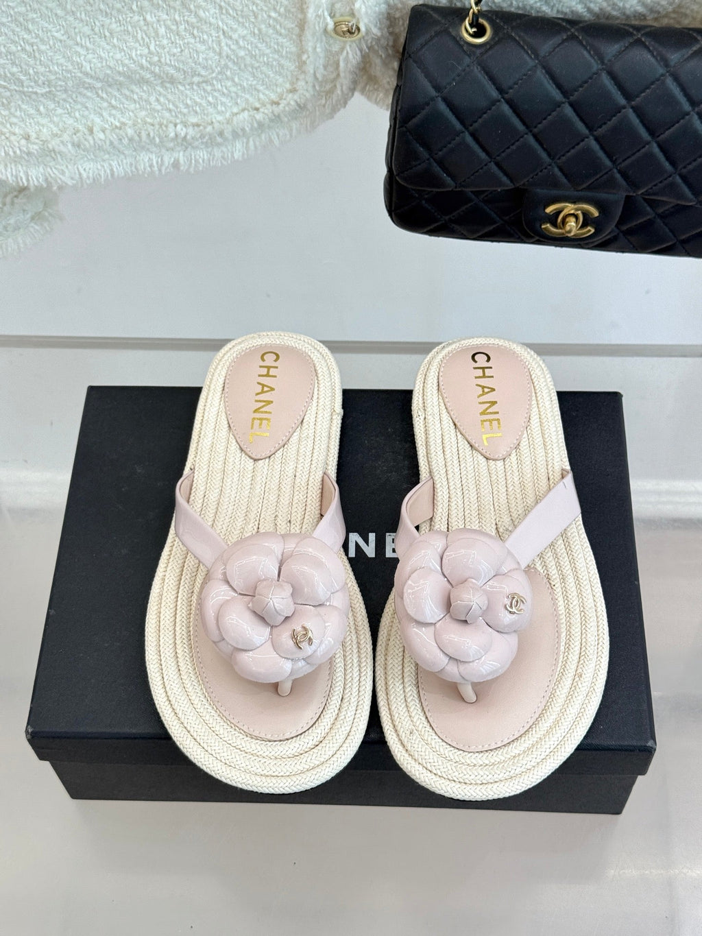 Chanel 26C Camellia Rope-Soled Flip-Flops Light Pink in Sheepskin 717714