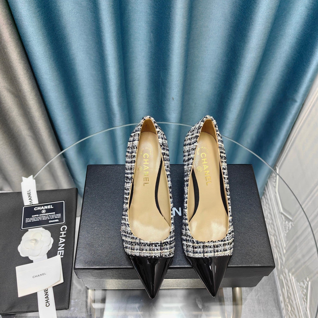 Chanel 26 Pointed Toe 85mm Pearl Black White in Coarse Tweed 712804