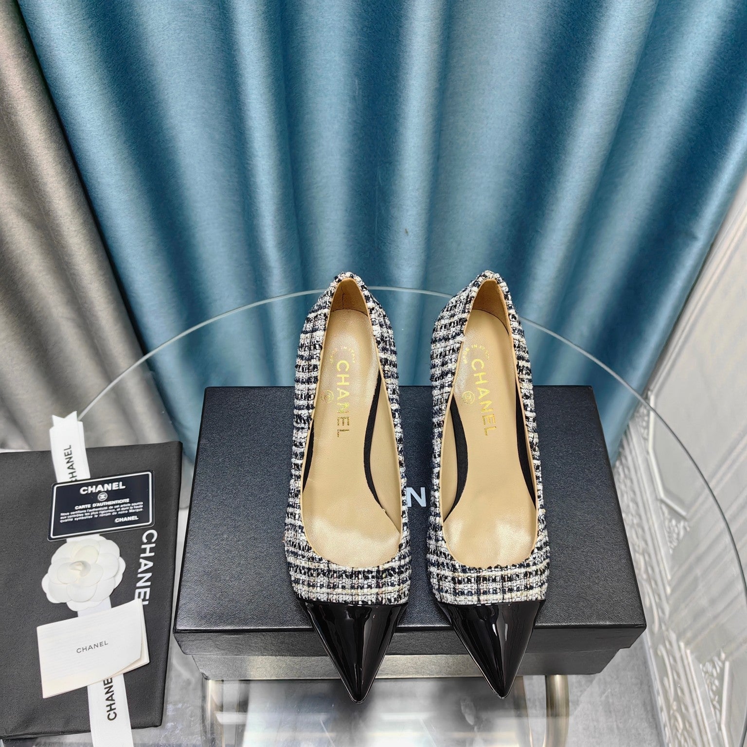 Chanel 26 Pointed Toe 85mm Pearl Black White in Coarse Tweed 712804