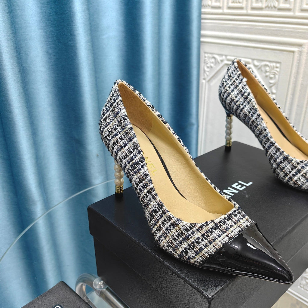 Chanel 26 Pointed Toe 85mm Pearl Black White in Coarse Tweed 712804