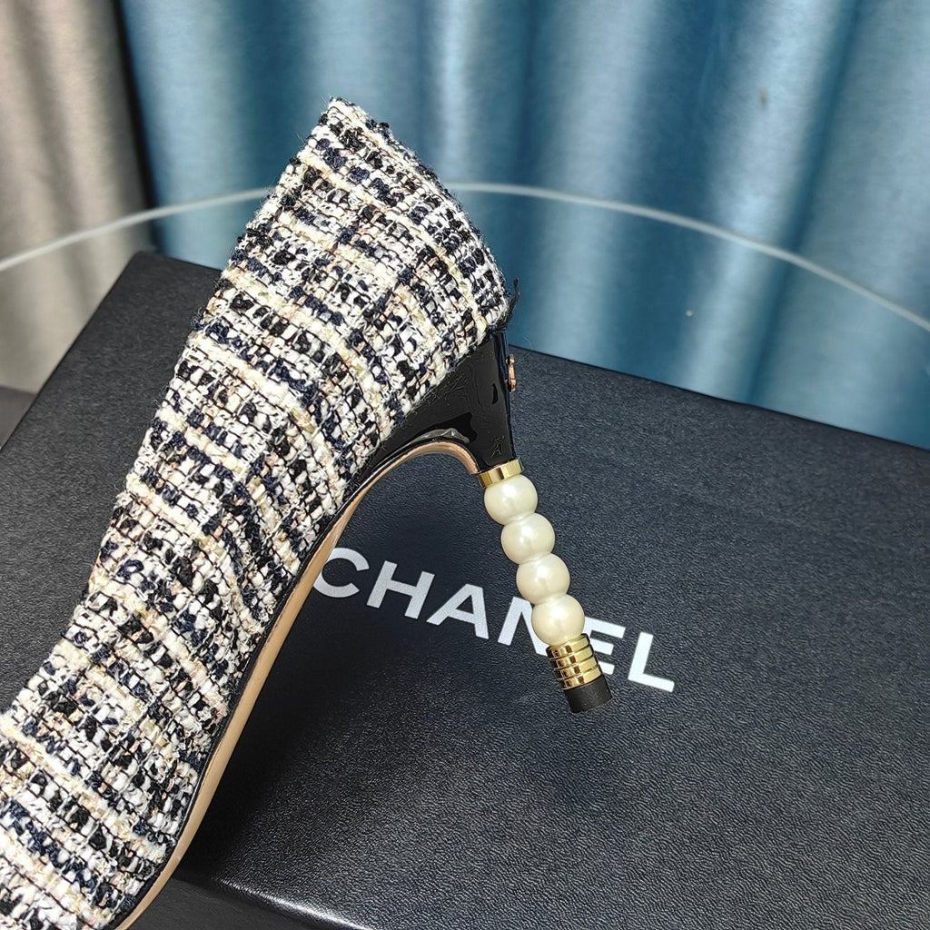 Chanel 26 Pointed Toe 85mm Pearl Black White in Coarse Tweed 712804