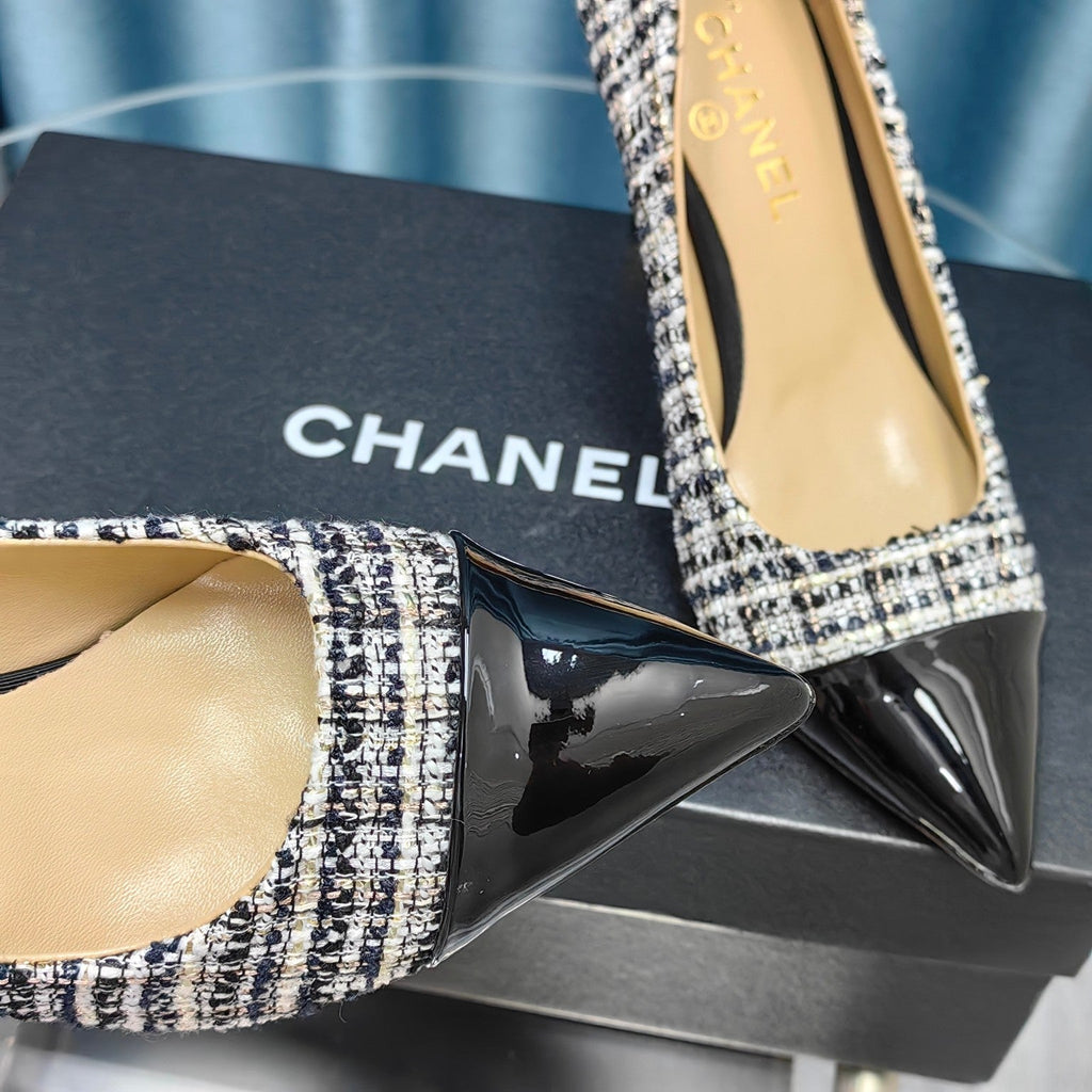 Chanel 26 Pointed Toe 85mm Pearl Black White in Coarse Tweed 712804