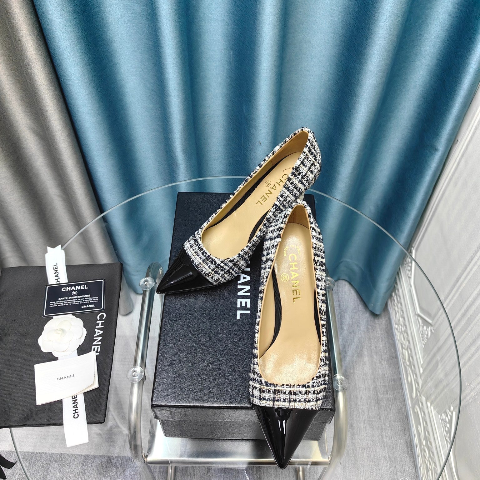 Chanel 26 Pointed Toe 85mm Pearl Black White in Coarse Tweed 712804