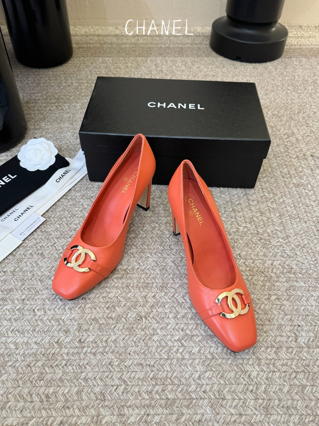 CC 26ss Logo Square-Toe Pumps Light Orange Lambskin 835686