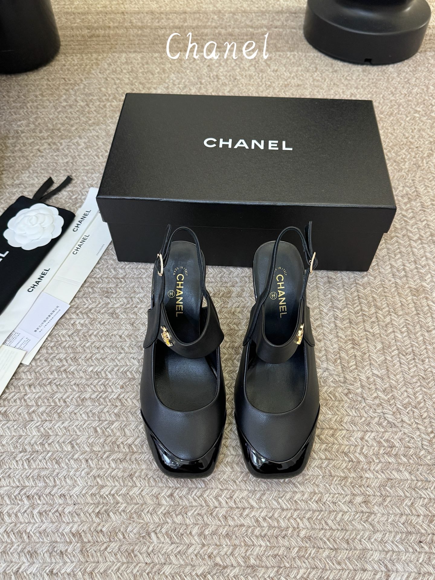 CC 26S Square-Toe Mary Jane Slingback Pumps Black Lambskin 835673