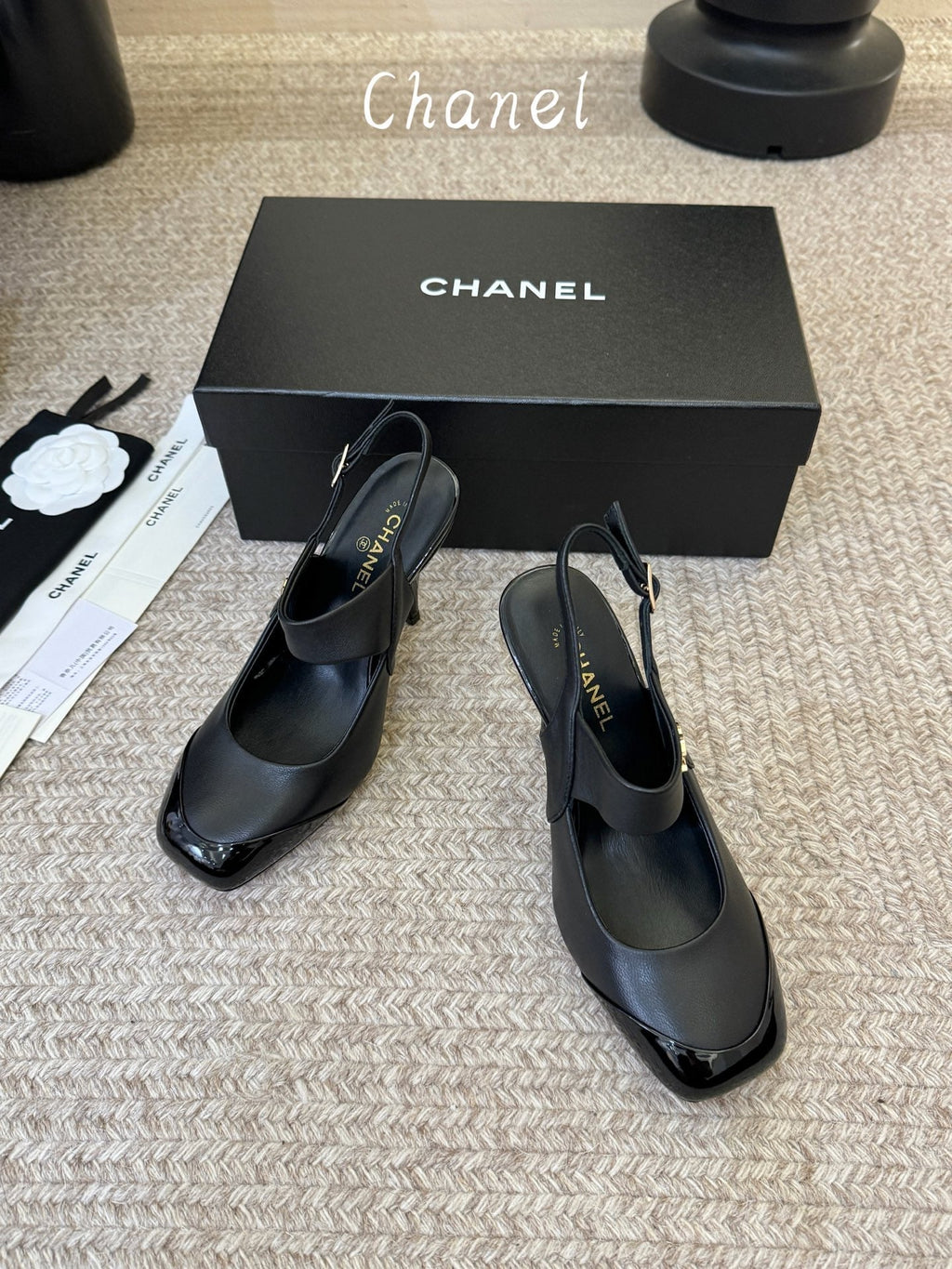 CC 26S Square-Toe Mary Jane Slingback Pumps Black Lambskin 835673
