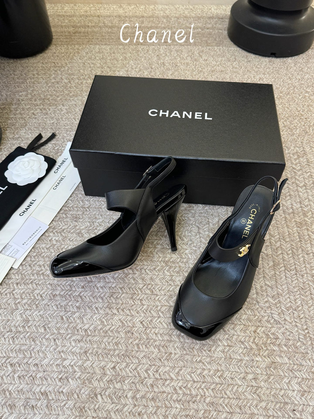 CC 26S Square-Toe Mary Jane Slingback Pumps Black Lambskin 835673