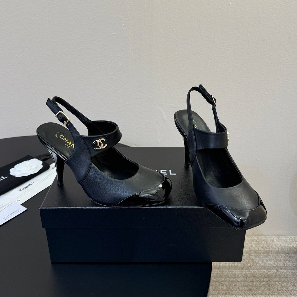CC 26S Square-Toe Mary Jane Slingback Pumps Black Lambskin 835673
