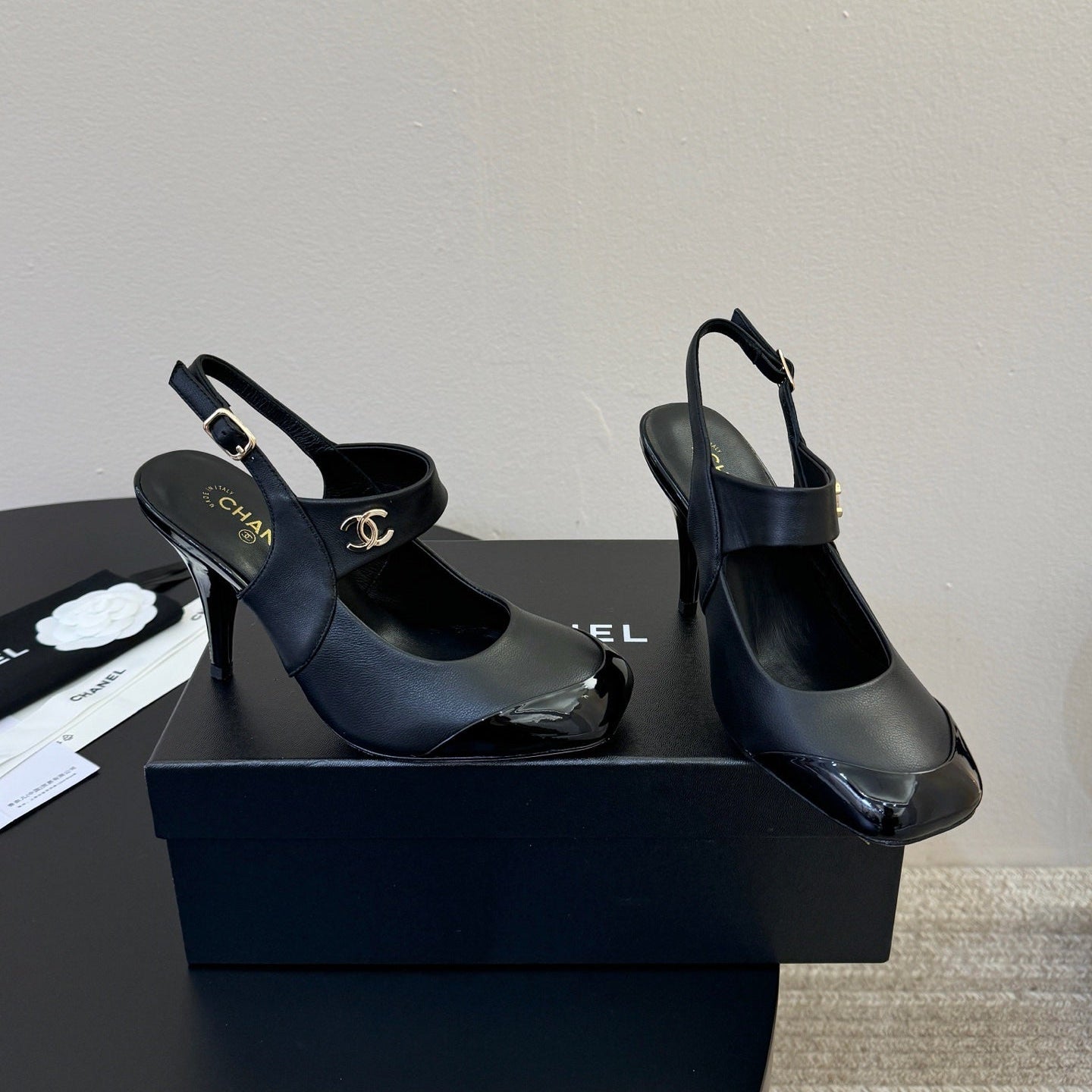 CC 26S Square-Toe Mary Jane Slingback Pumps Black Lambskin 835673