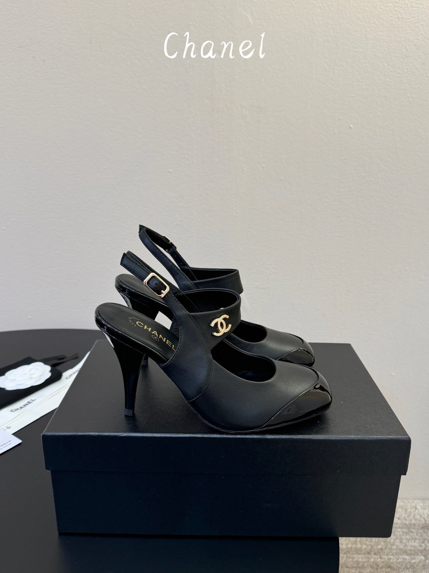 CC 26S Square-Toe Mary Jane Slingback Pumps Black Lambskin 835673