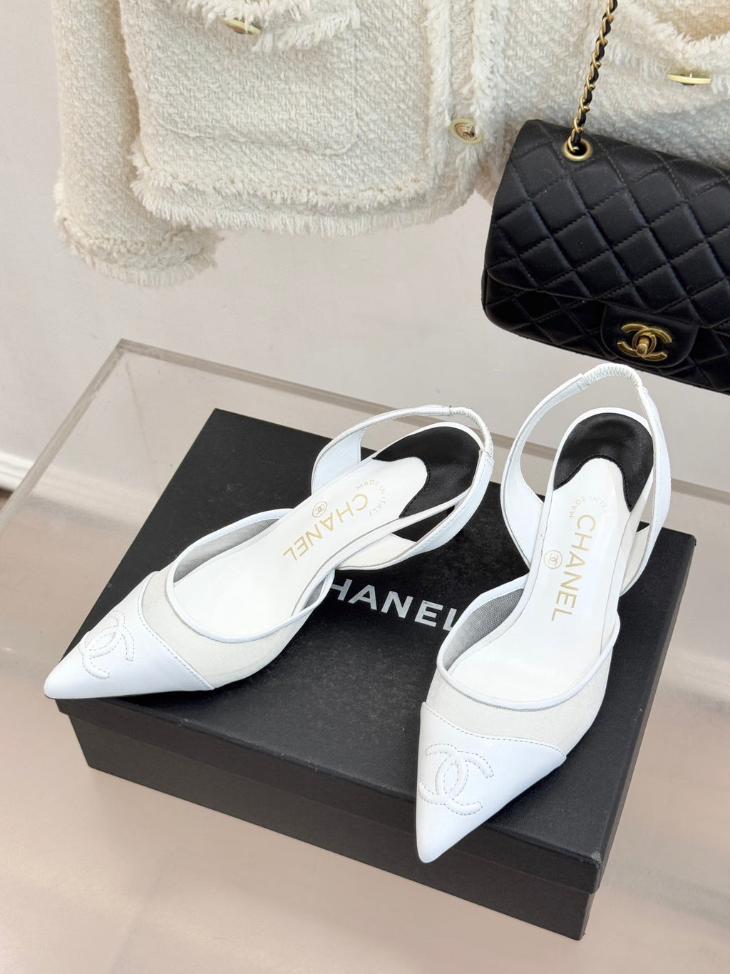 CC Mesh Slingback Pumps Pointed Toe Embossed Logo Calfskin 841967