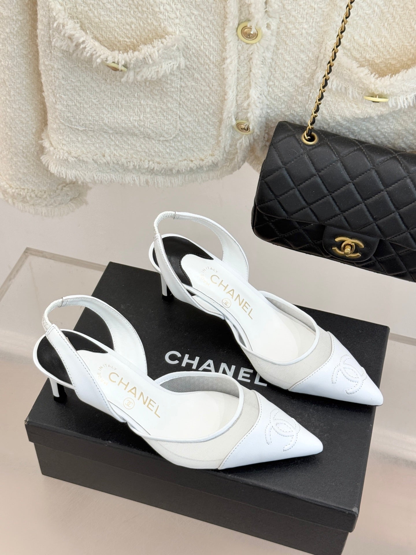 CC Mesh Slingback Pumps Pointed Toe Embossed Logo Calfskin 841967