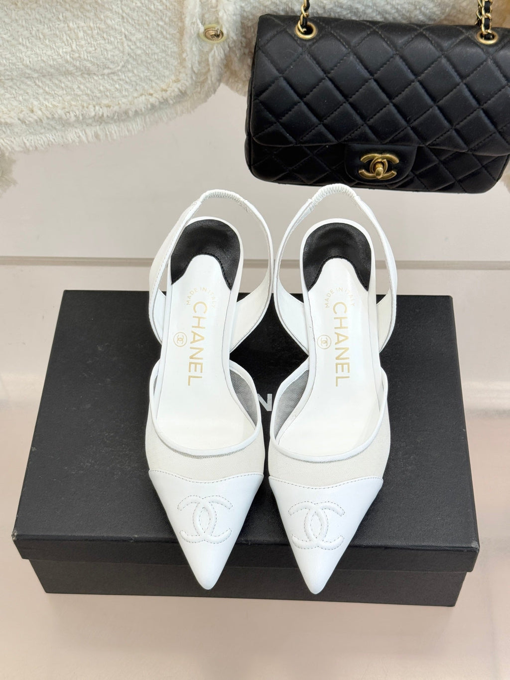 CC Mesh Slingback Pumps Pointed Toe Embossed Logo Calfskin 841967