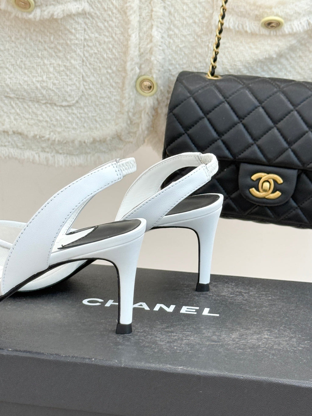 CC Mesh Slingback Pumps Pointed Toe Embossed Logo Calfskin 841967