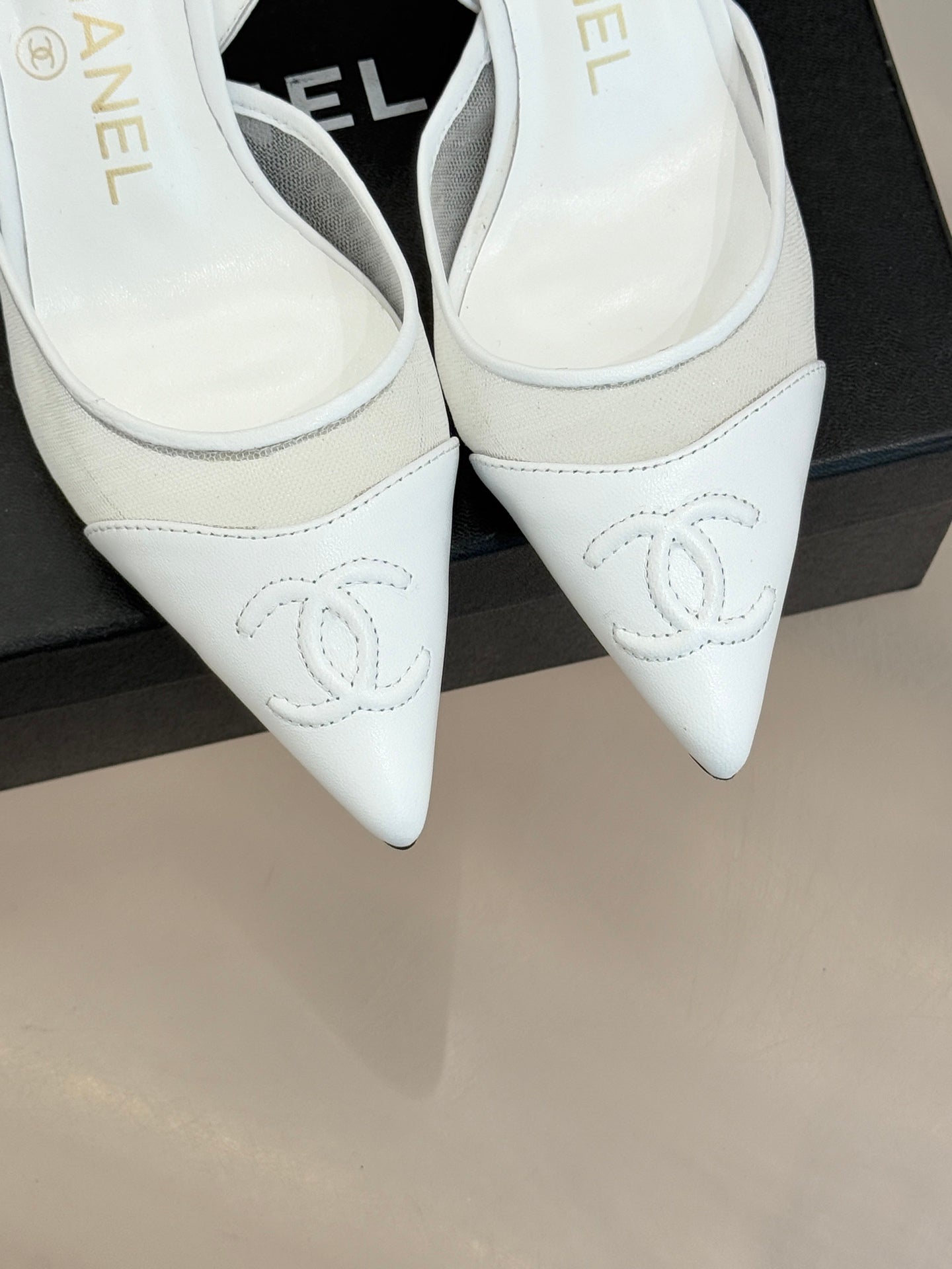 CC Mesh Slingback Pumps Pointed Toe Embossed Logo Calfskin 841967