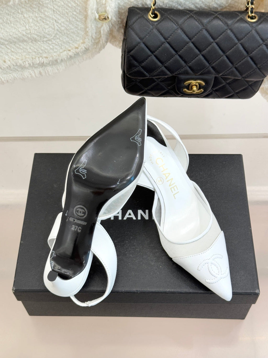 CC Mesh Slingback Pumps Pointed Toe Embossed Logo Calfskin 841967
