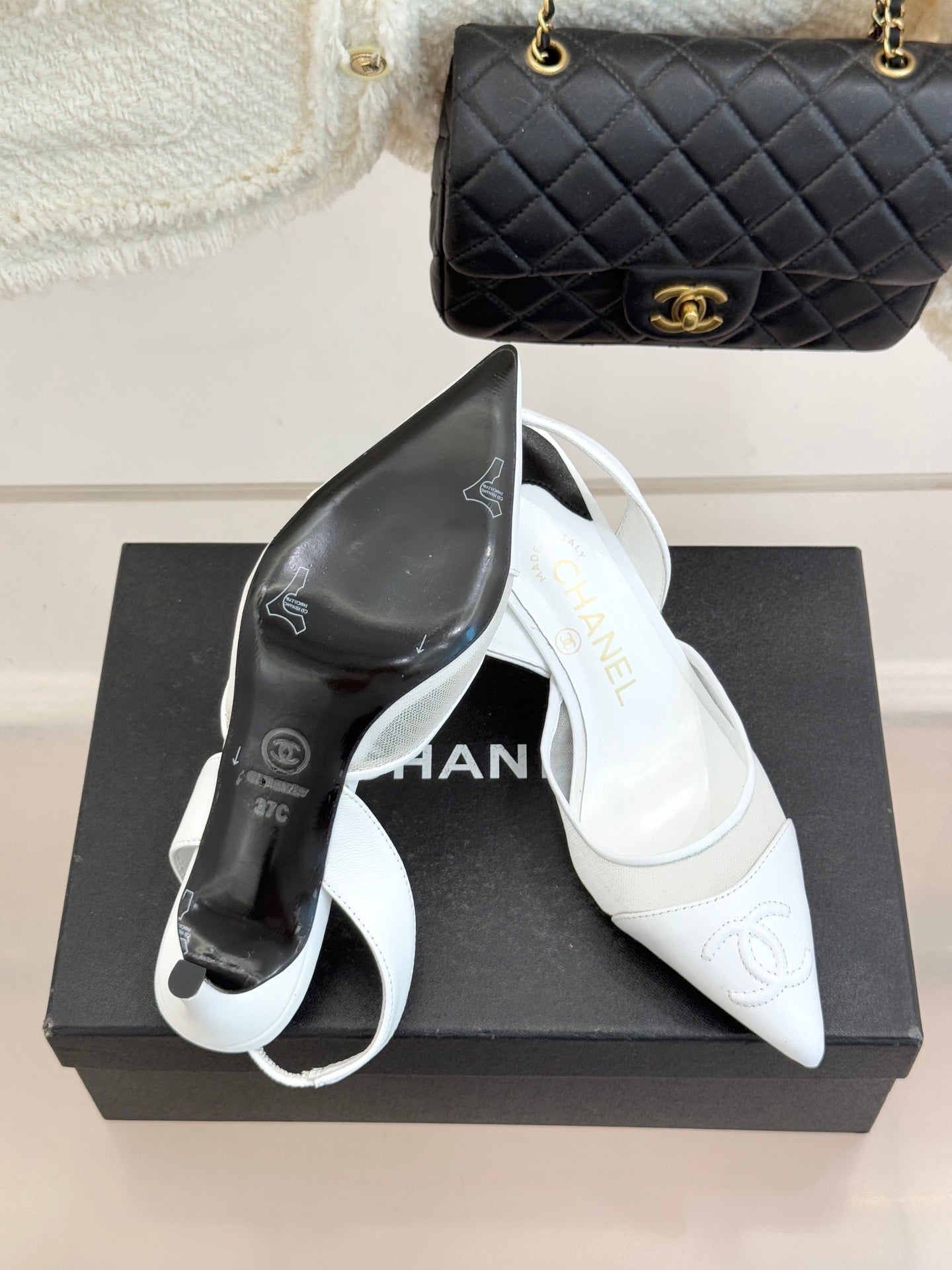 CC Mesh Slingback Pumps Pointed Toe Embossed Logo Calfskin 841967