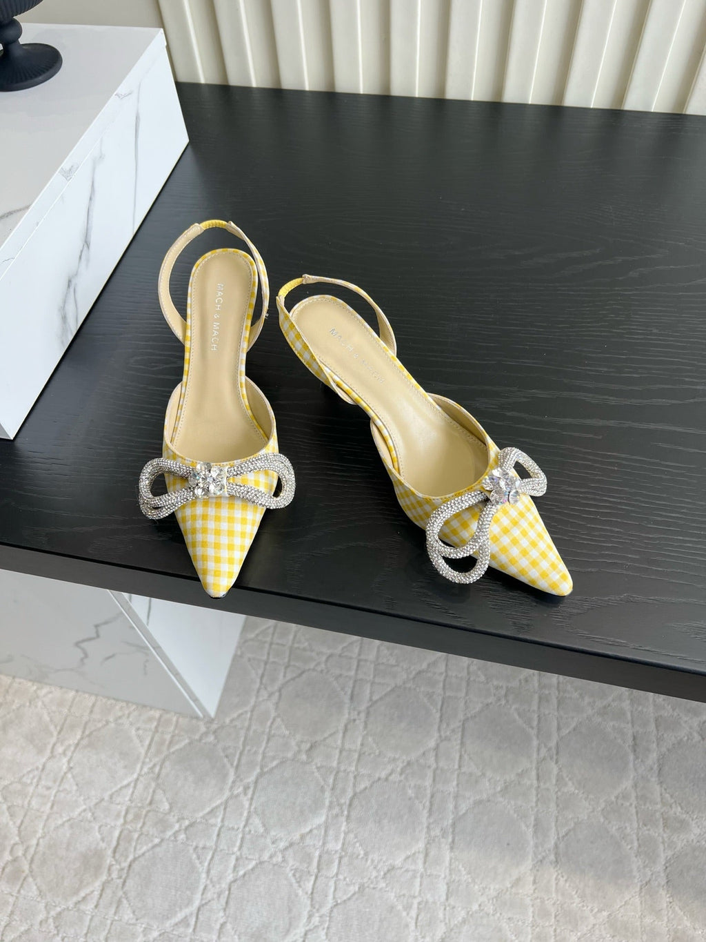 Mach Gingham Bow Slingback Pumps Yellow White Fabric 851907