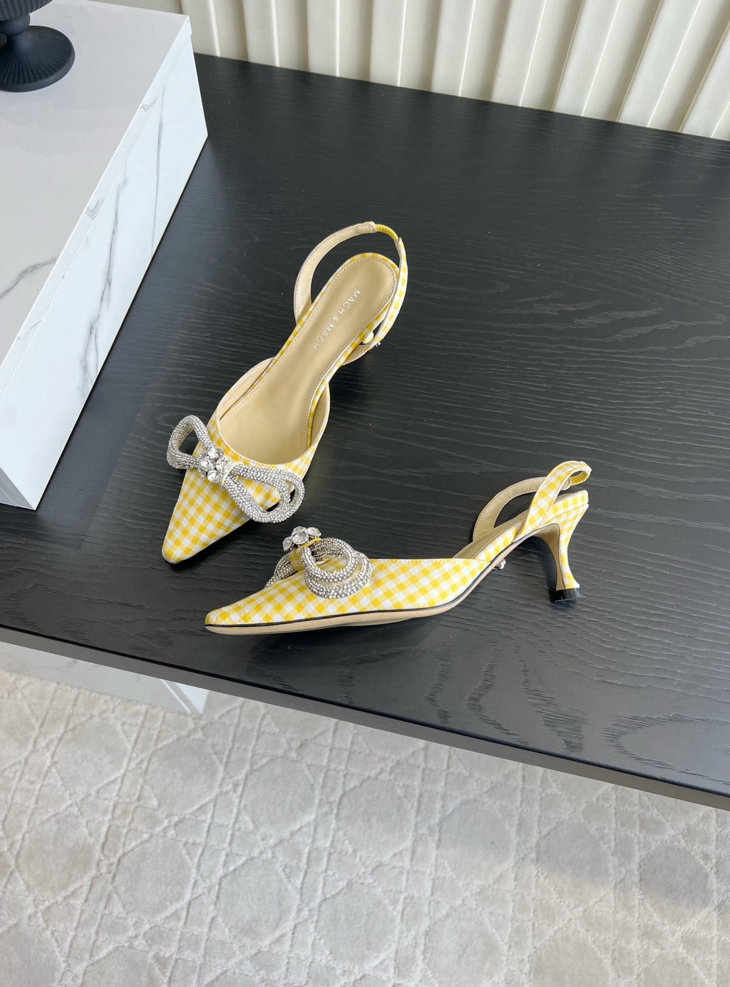 Mach Gingham Bow Slingback Pumps Yellow White Fabric 851907