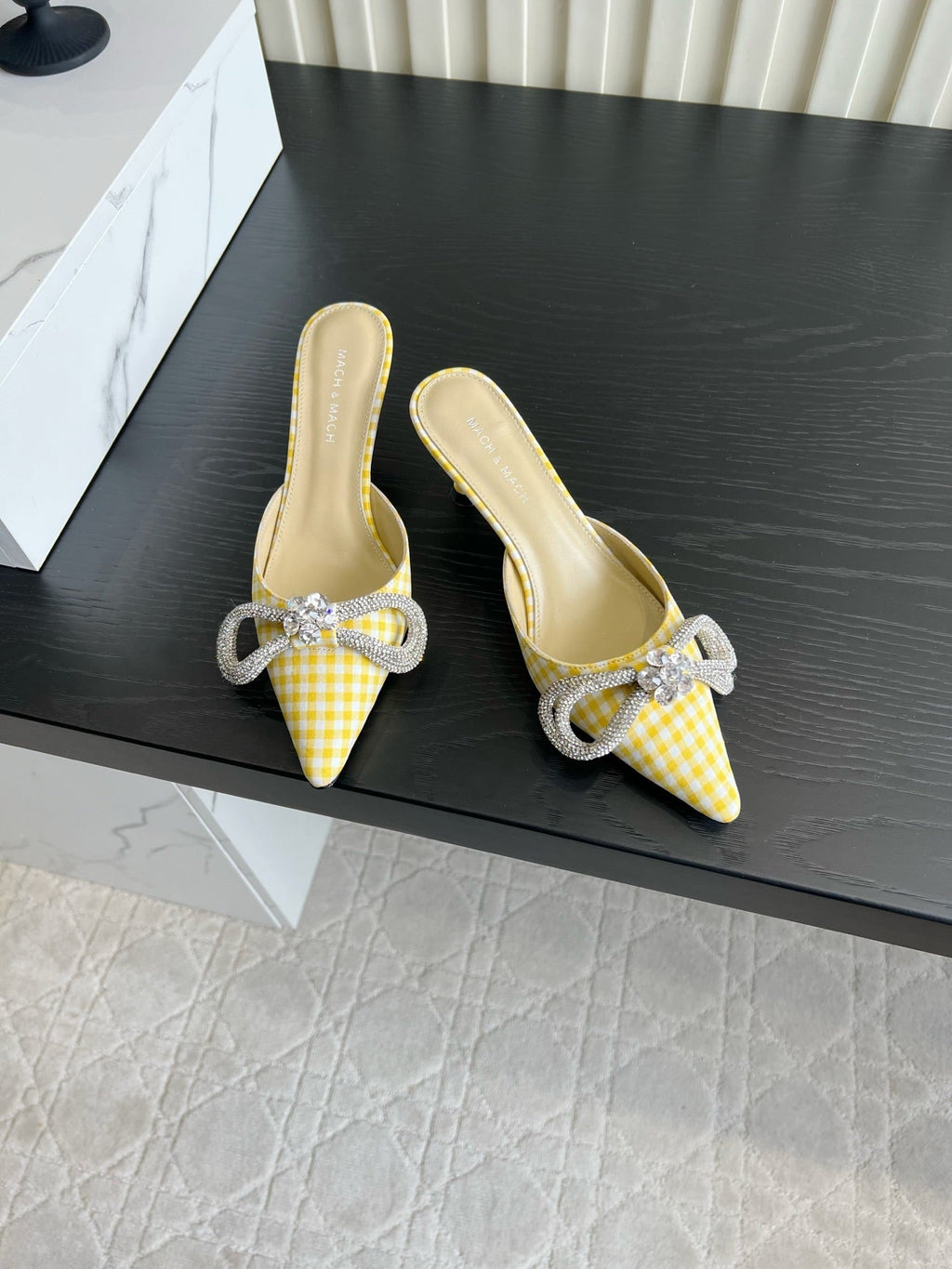 Mach Gingham Bow Slingback Pumps Yellow White Fabric 851907