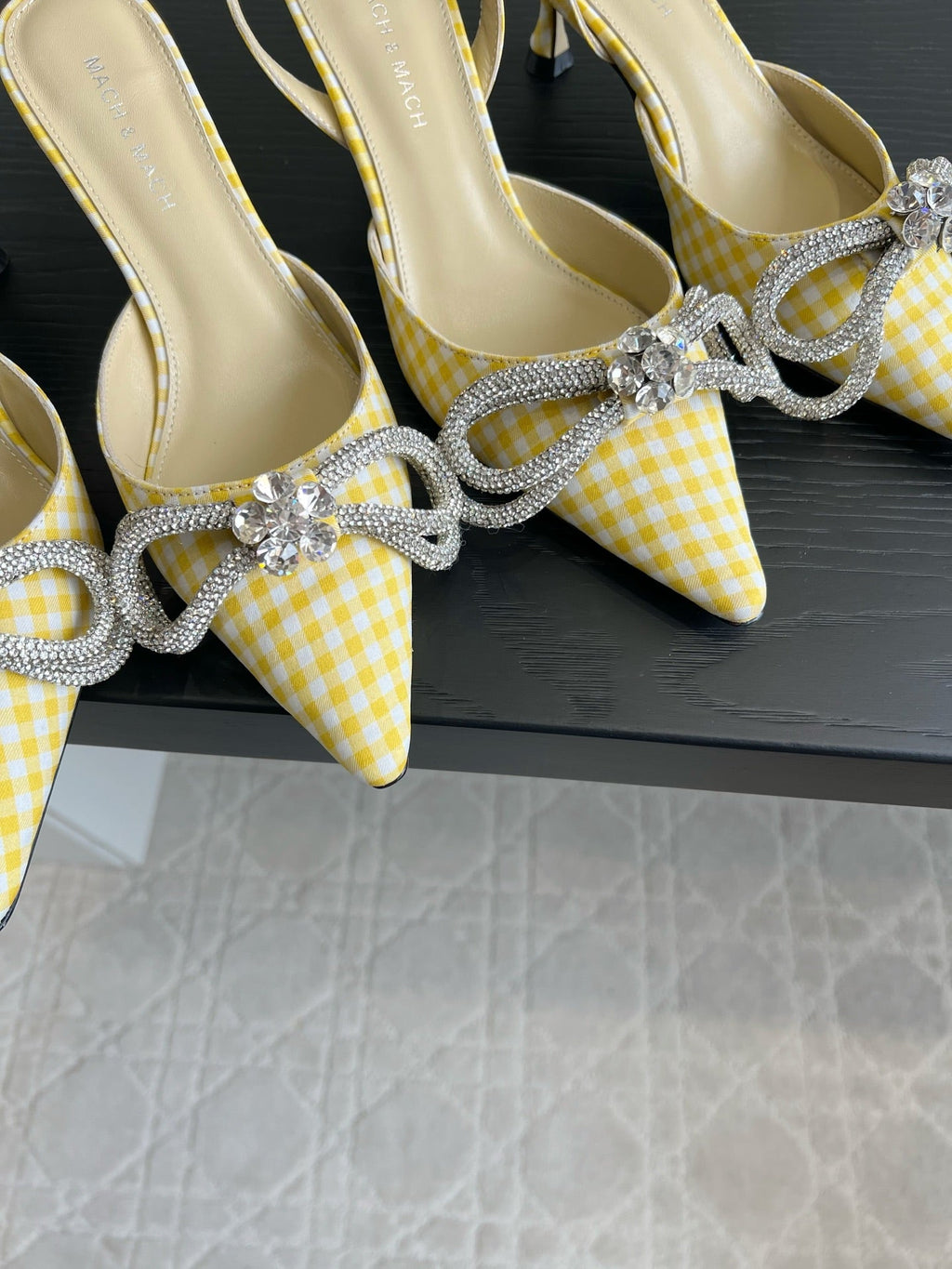 Mach Gingham Bow Slingback Pumps Yellow White Fabric 851907