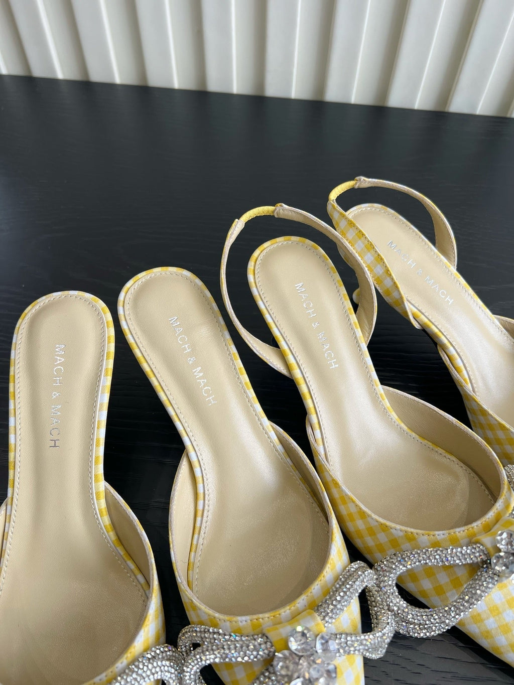 Mach Gingham Bow Slingback Pumps Yellow White Fabric 851907