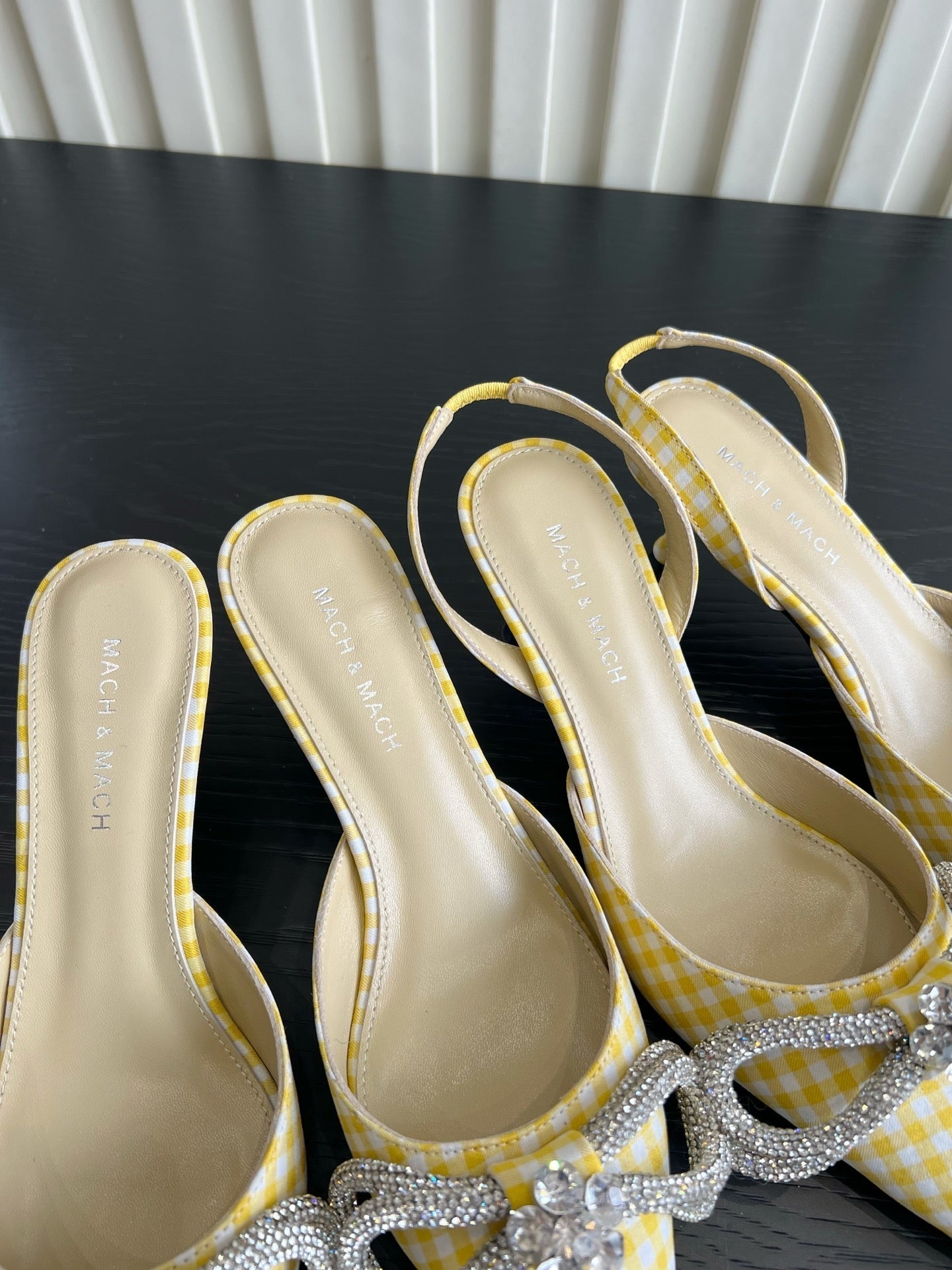 Mach Gingham Bow Slingback Pumps Yellow White Fabric 851907
