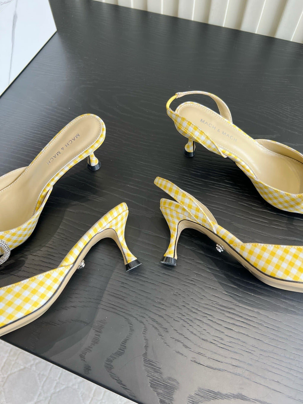 Mach Gingham Bow Slingback Pumps Yellow White Fabric 851907