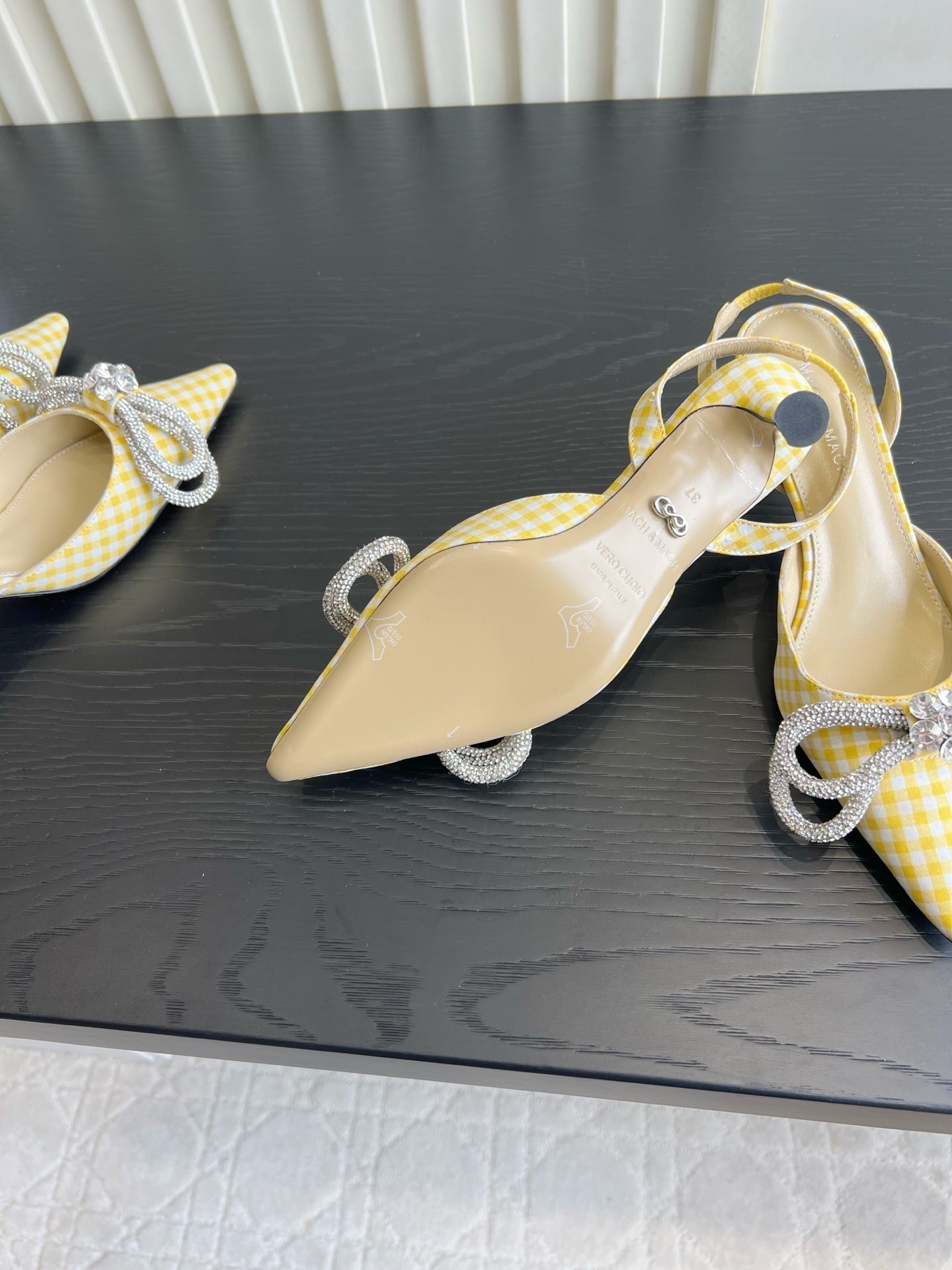 Mach Gingham Bow Slingback Pumps Yellow White Fabric 851907