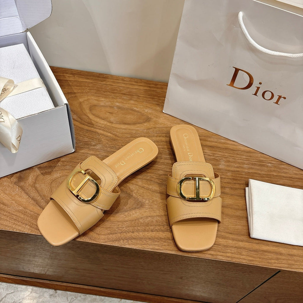CD Montaigne Slides Buckle Beige Calfskin Leather 862368