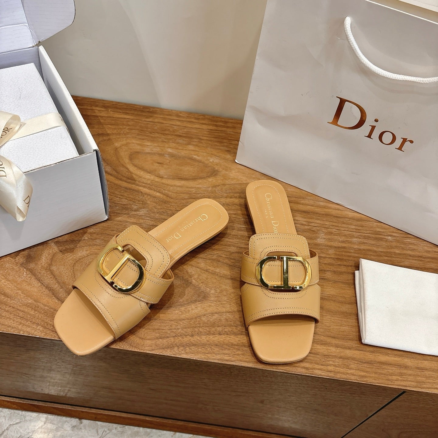 CD Montaigne Slides Buckle Beige Calfskin Leather 862368