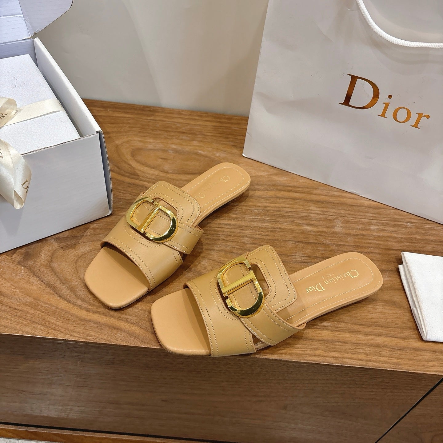 CD Montaigne Slides Buckle Beige Calfskin Leather 862368