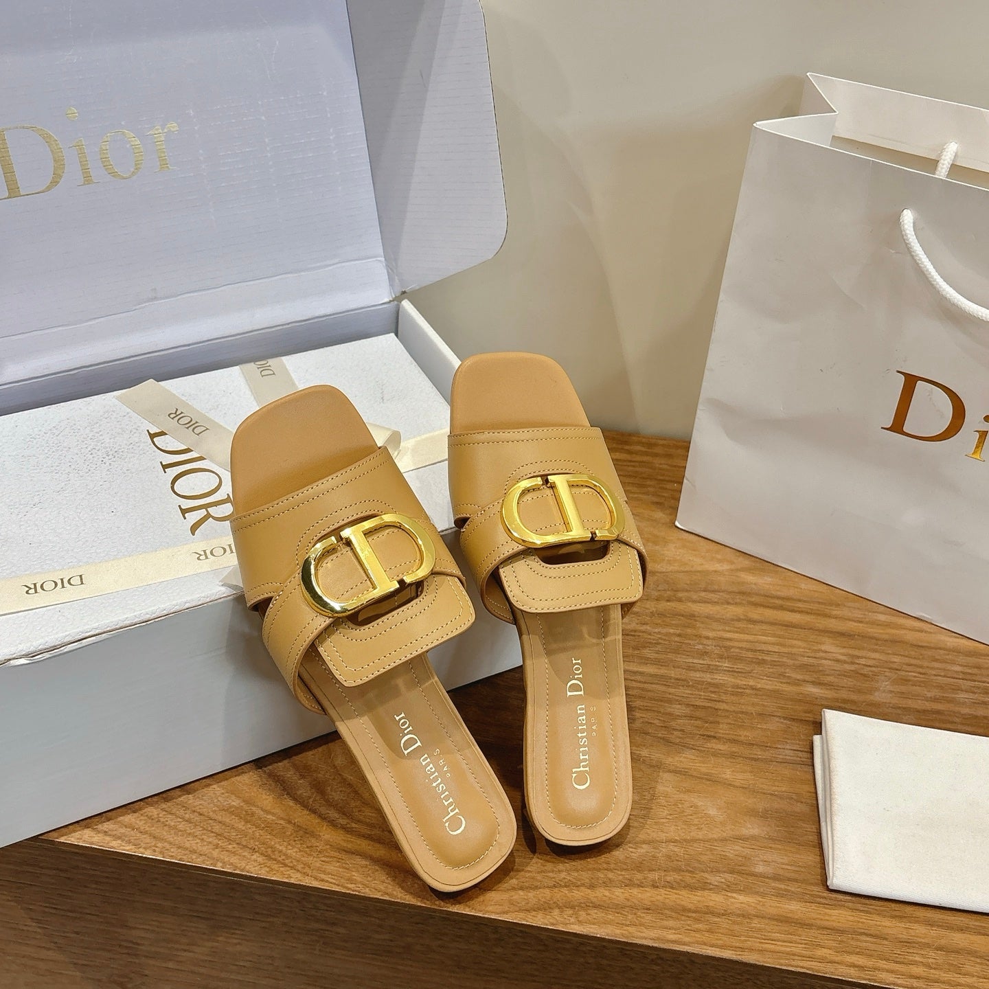 CD Montaigne Slides Buckle Beige Calfskin Leather 862368