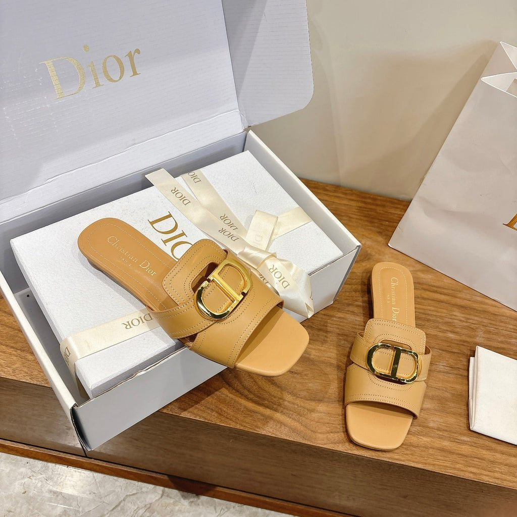 CD Montaigne Slides Buckle Beige Calfskin Leather 862368