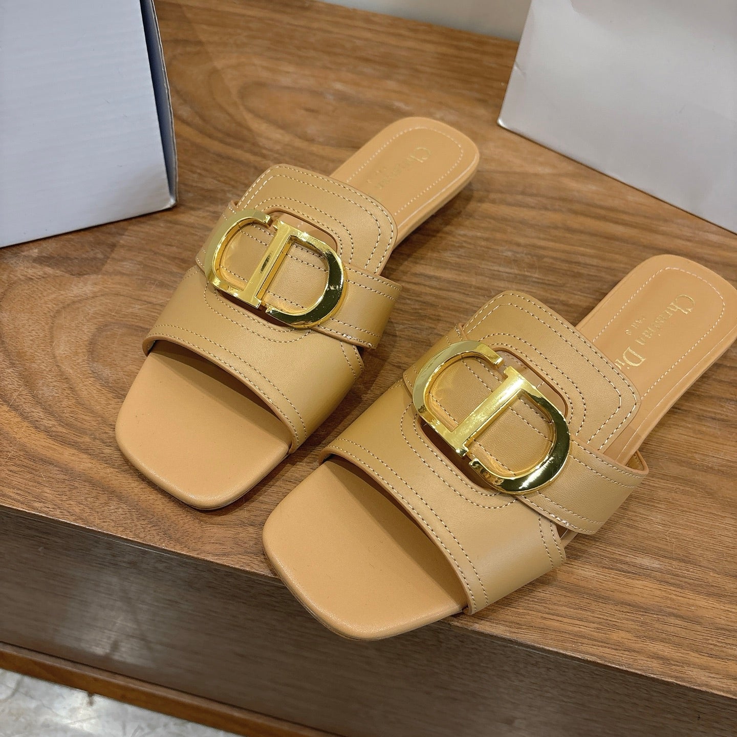 CD Montaigne Slides Buckle Beige Calfskin Leather 862368