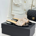 CC Pearl Heel Beaded Embroidered Slides Beige Lambskin 904676
