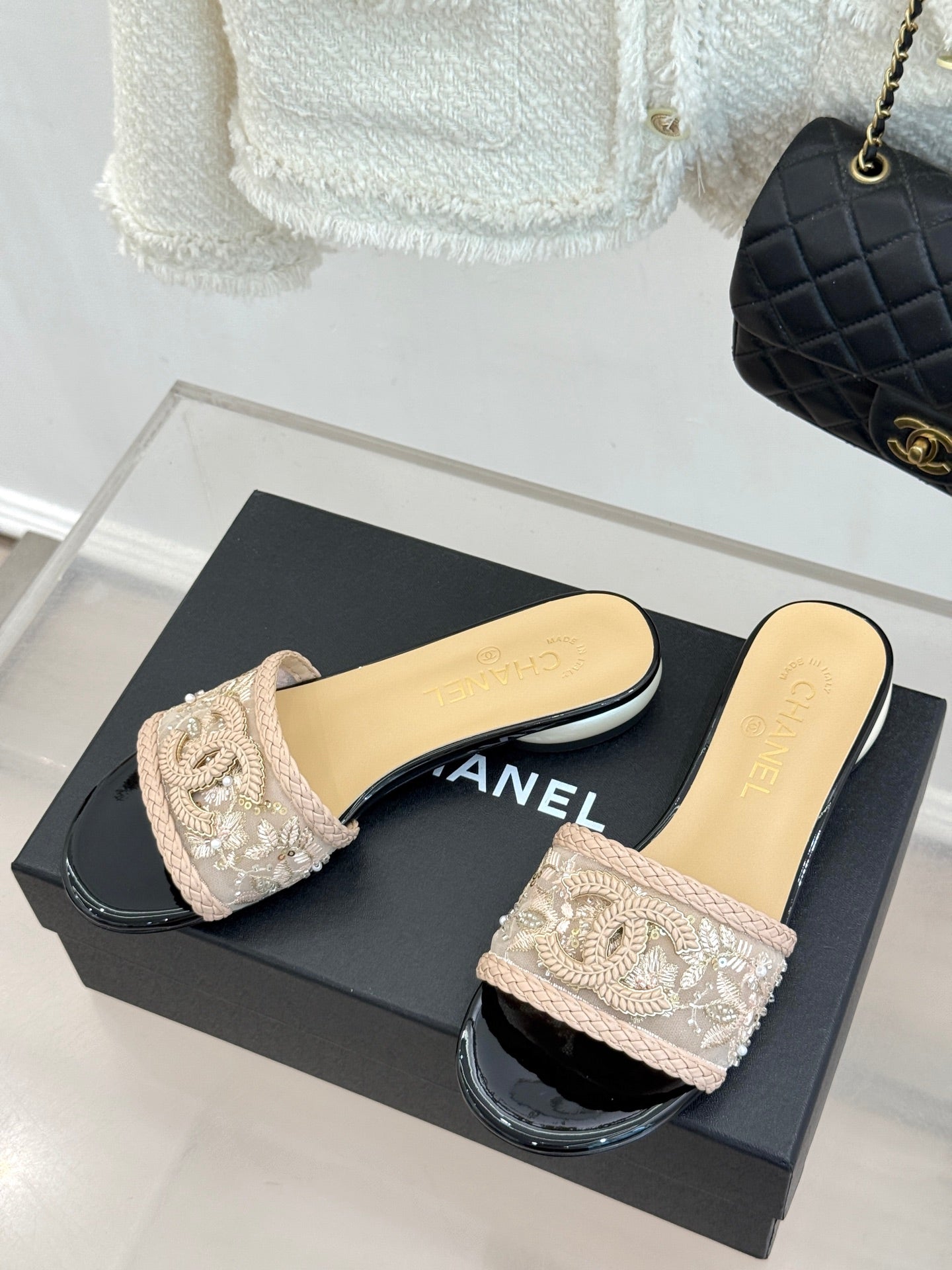 CC Pearl Heel Beaded Embroidered Slides Beige Lambskin 904676
