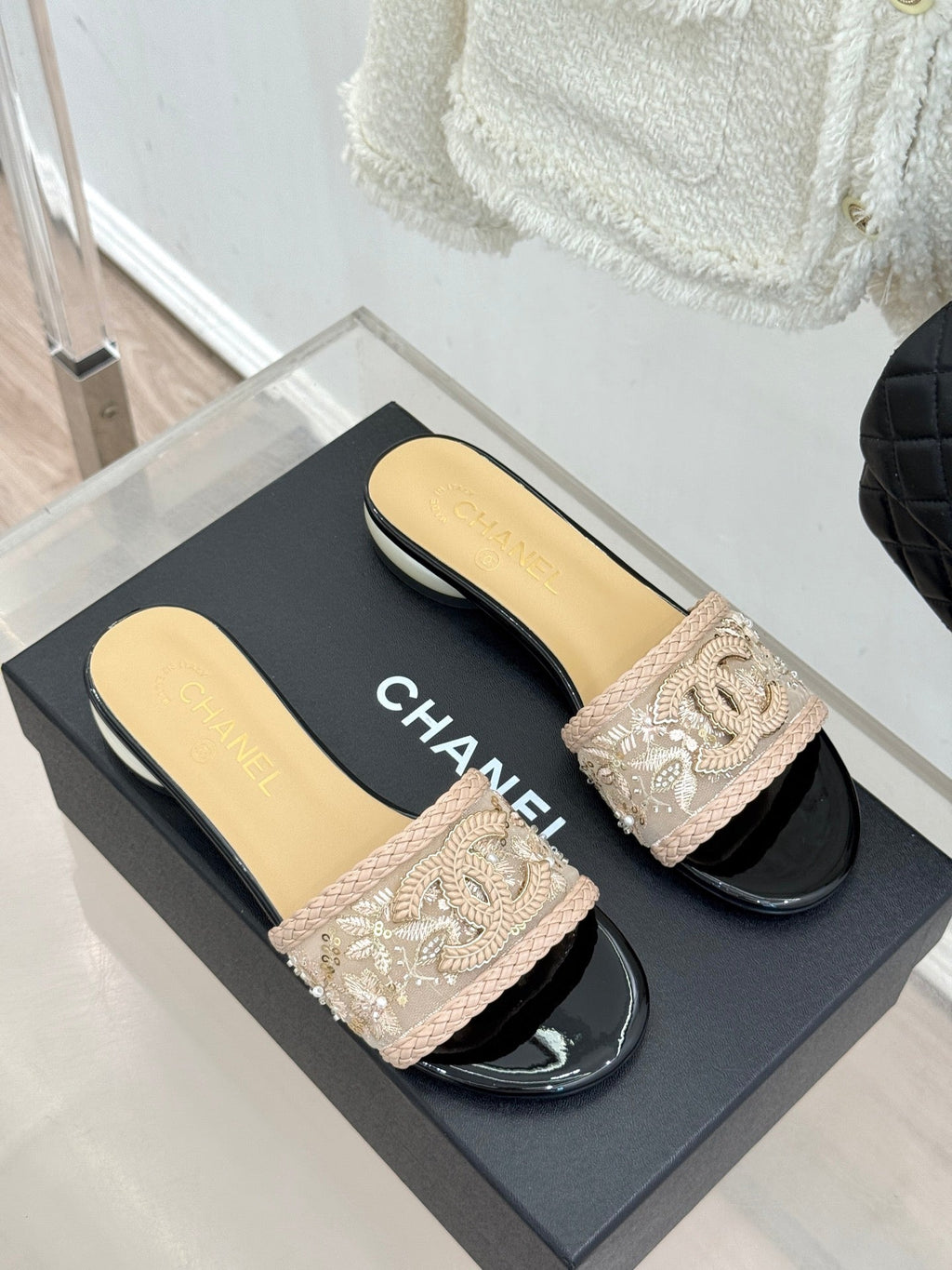 CC Pearl Heel Beaded Embroidered Slides Beige Lambskin 904676