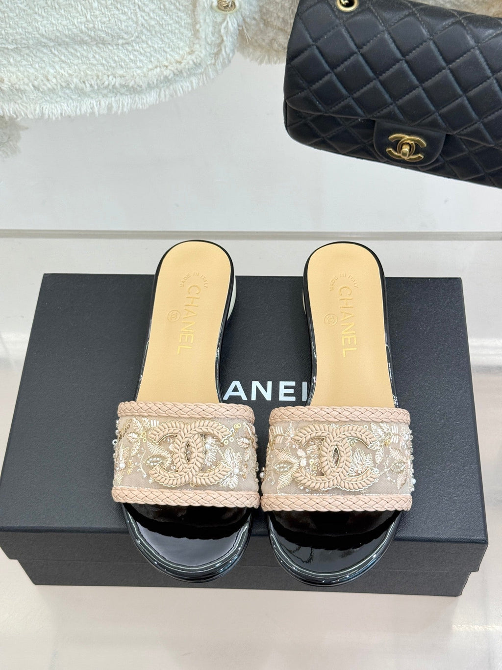 CC Pearl Heel Beaded Embroidered Slides Beige Lambskin 904676