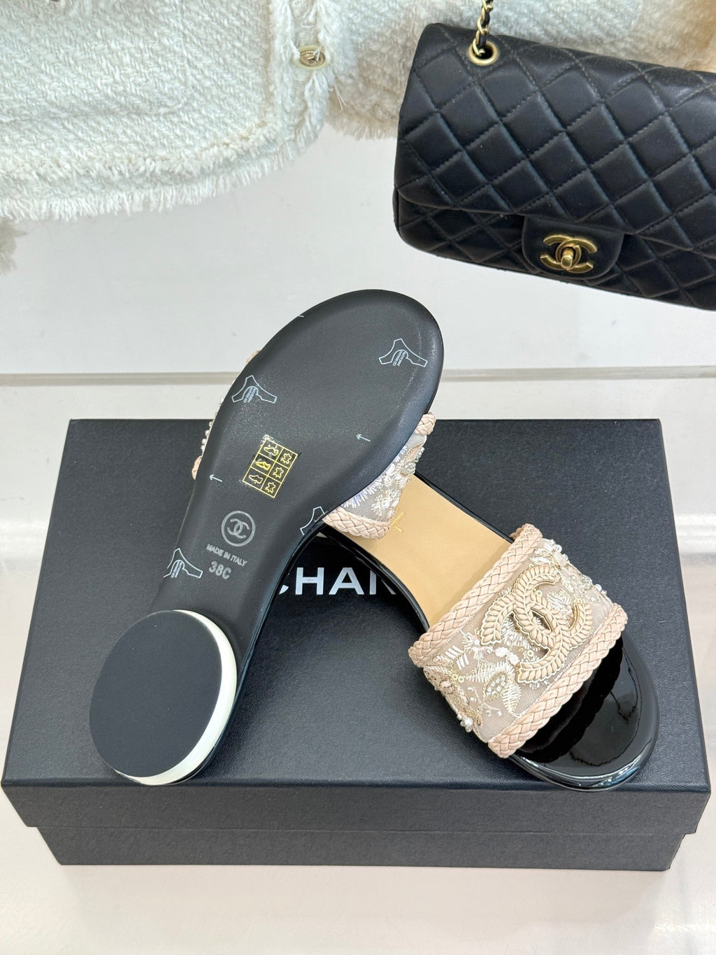 CC Pearl Heel Beaded Embroidered Slides Beige Lambskin 904676