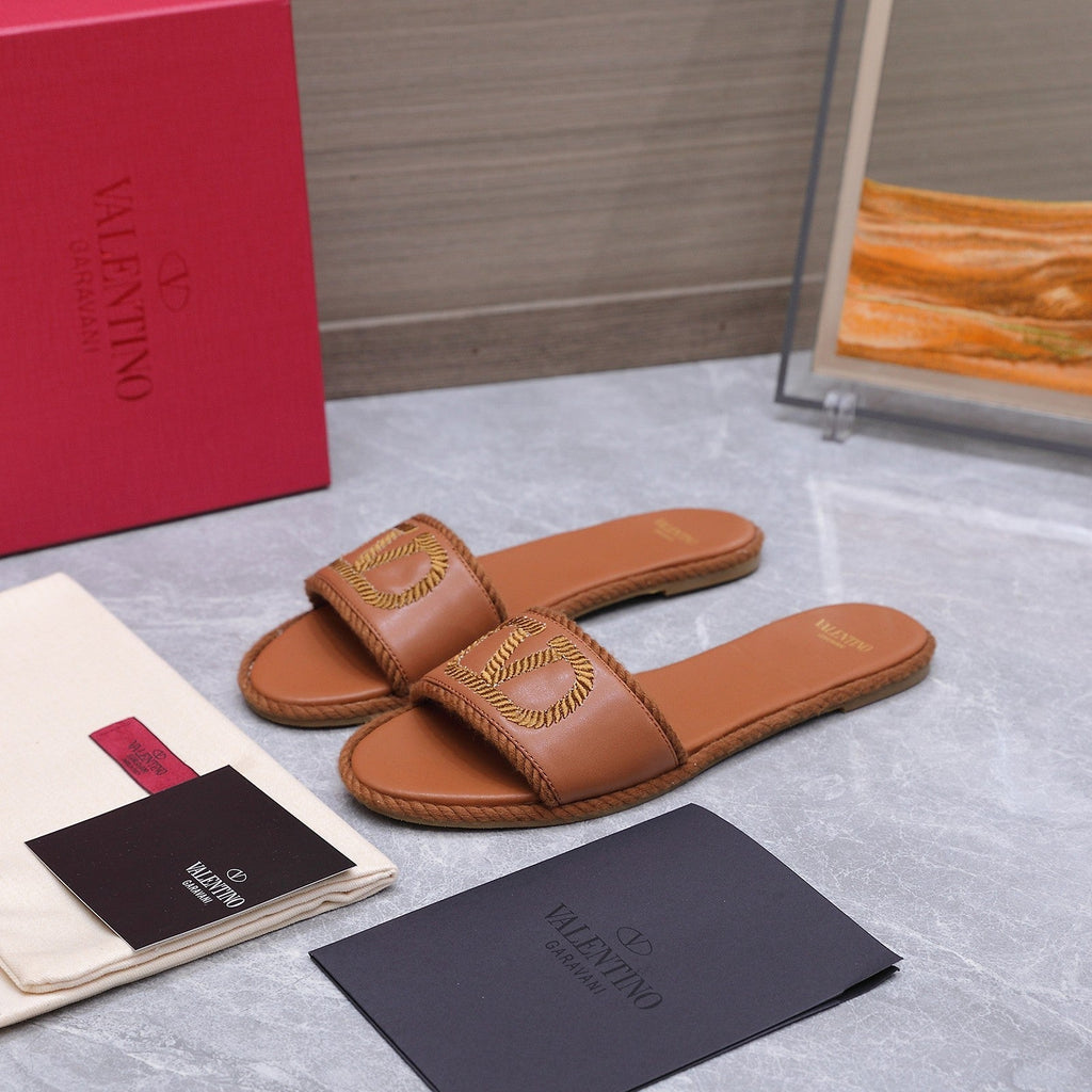 VLTN VLogo Torchon Flat Slides Brown Leather 913085