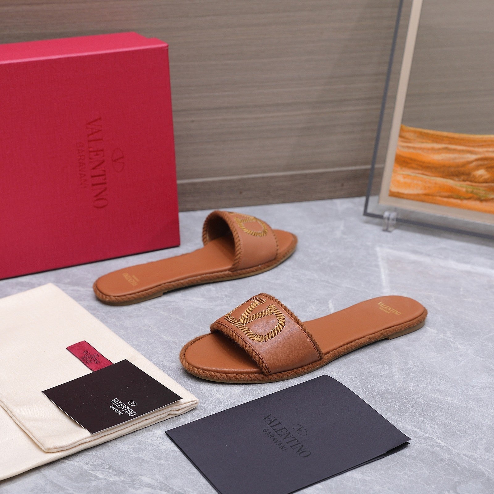 VLTN VLogo Torchon Flat Slides Brown Leather 913085