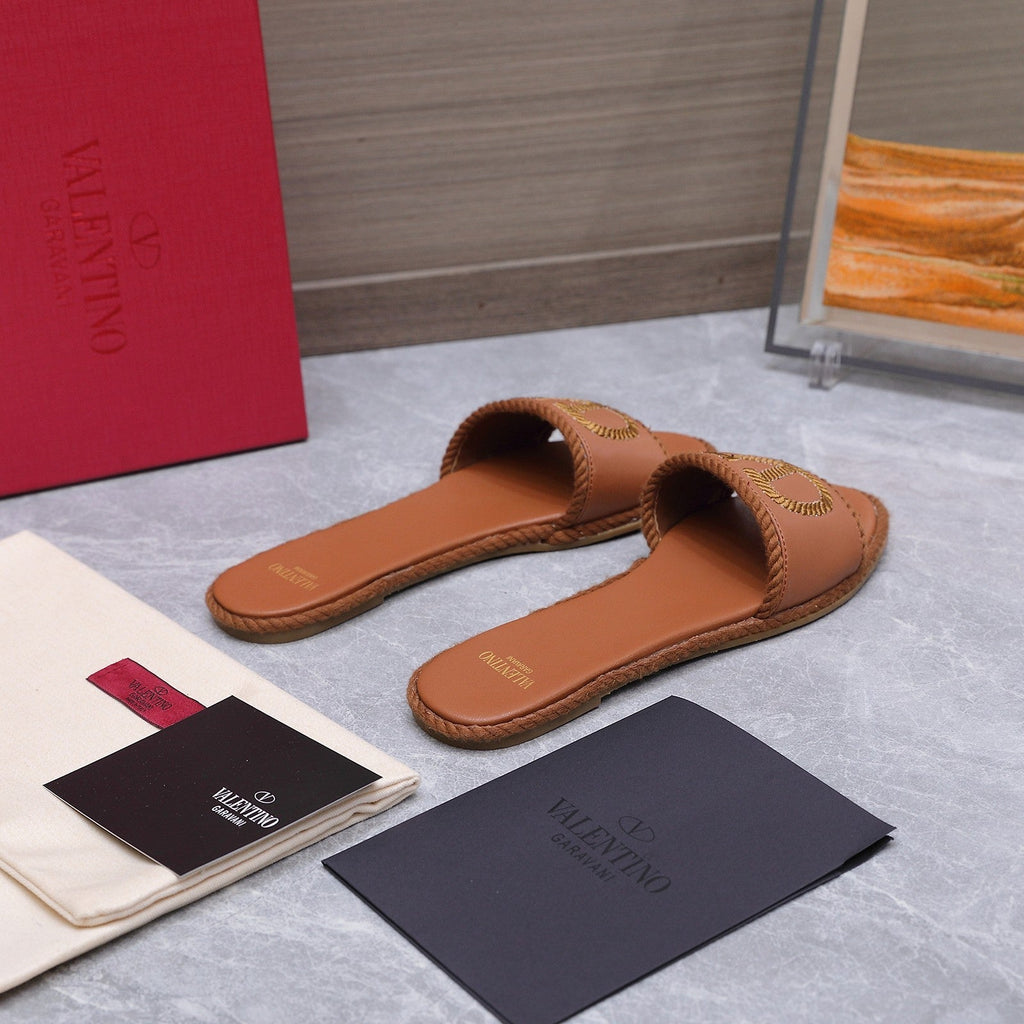 VLTN VLogo Torchon Flat Slides Brown Leather 913085