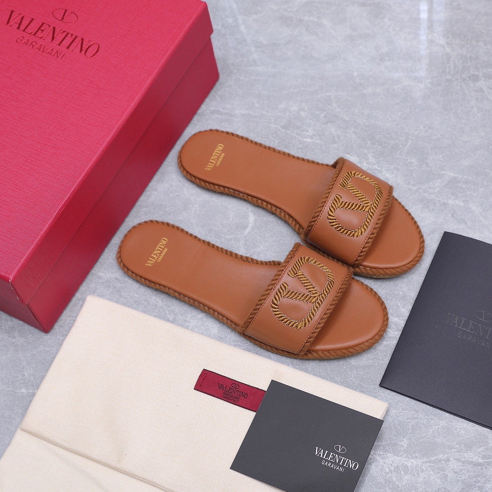 VLTN VLogo Torchon Flat Slides Brown Leather 913085